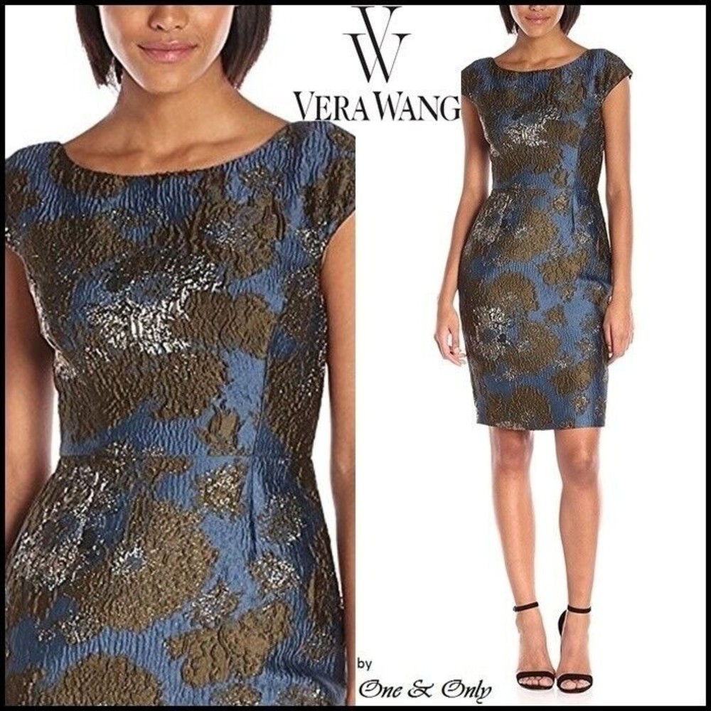 Vera Wang Brocade Dress Women Size 6 Dark Teal Green Metallic V-cut Back Lined - Picture 1 of 16